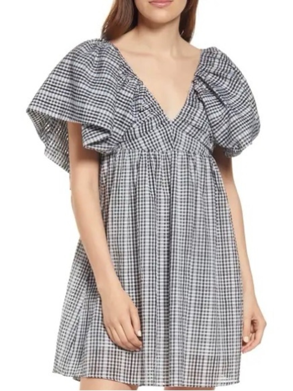 Moon River Gingham Check Flutter Sleeve Babydoll Mini Dress
